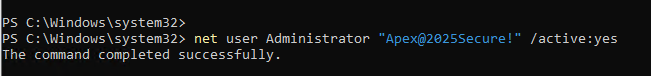 CMD showing net user administrator command run successfully to set a stronger password